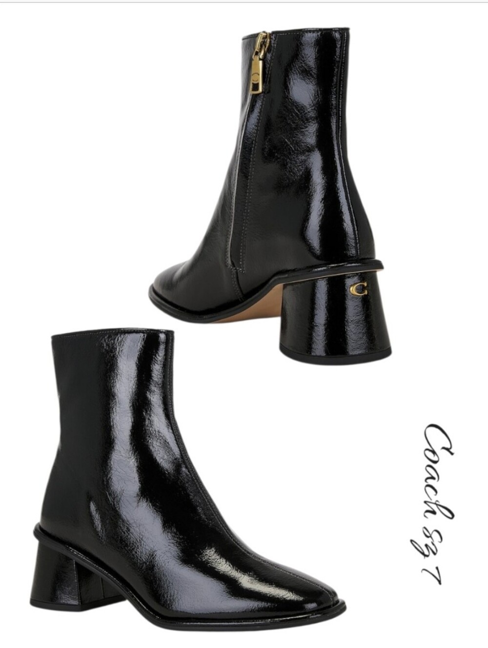 COACH Gigi Patent Leather Block Heel Booties Black Ankle Boots Size 7